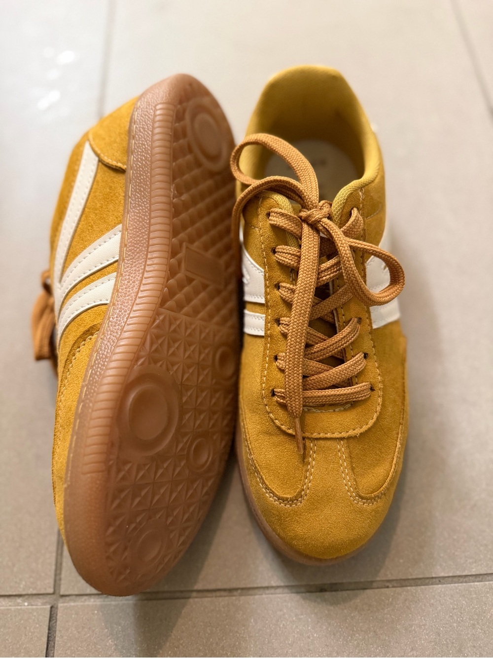 Women's Suede Sneakers in Mustard with White Stripe - Picture 2 of 2